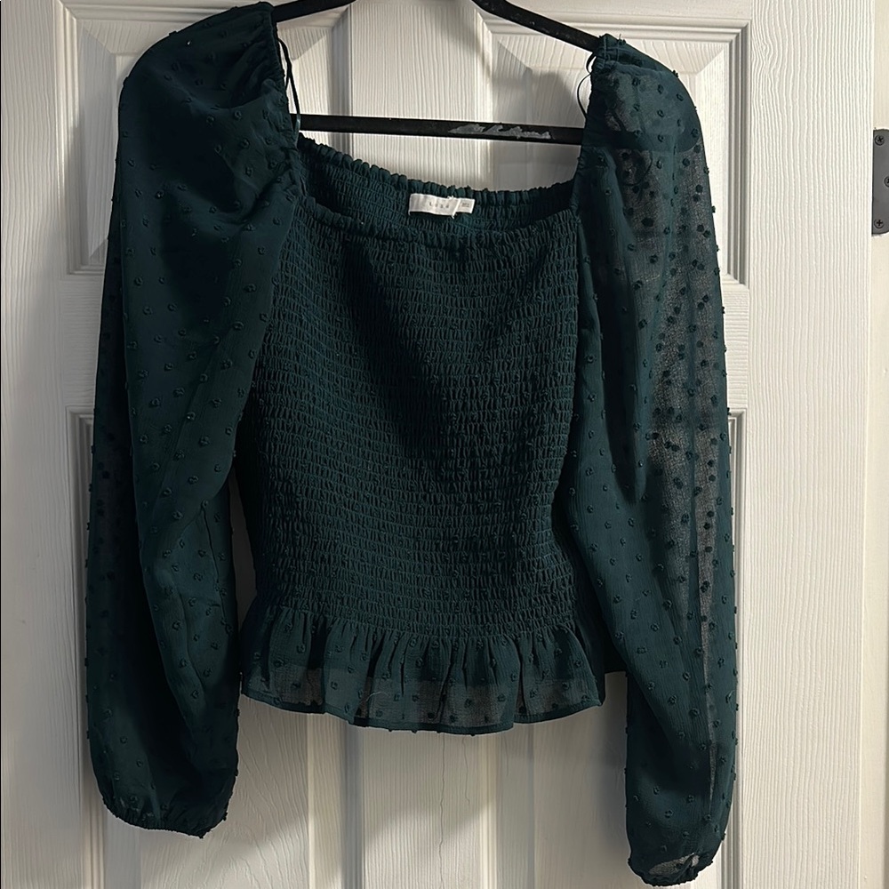 Lush Green Smocked Blouse with Bishop Sleeves